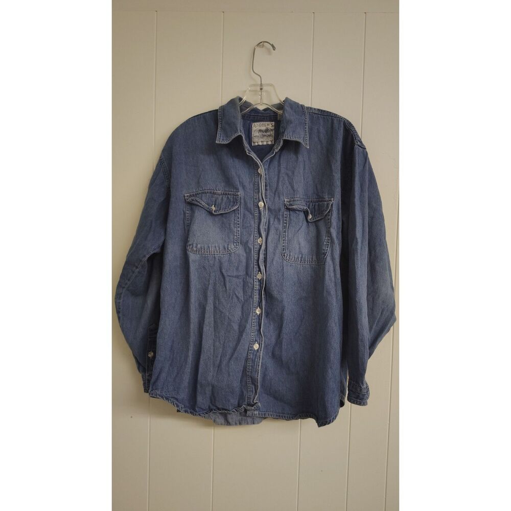 Andrew's Blues Men's Large Blue Denim Long Sleeve Button Up Shirt 90s Vintage